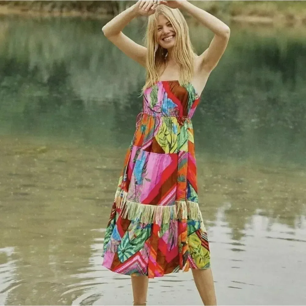 NWT ANTHROPOLOGIE FARM RIO SzM PALILA SPAGUETTI STRAPS FRINGED MIDI DRESS
